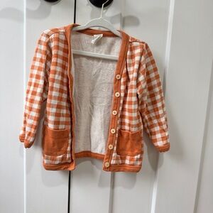 Kate Quinn button sweater 18-34 months orange checkered 100% organic cotton